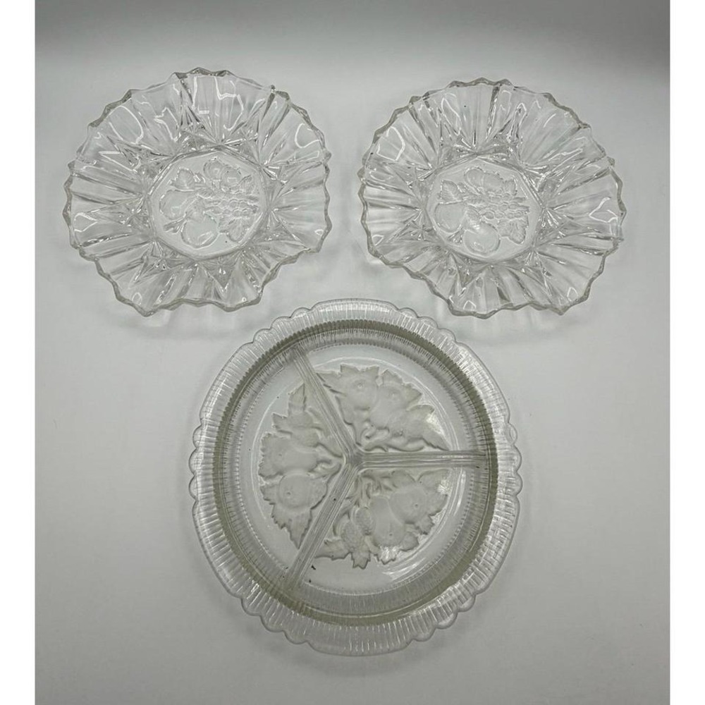 Lot of 3 Vintage Clear Pressed Glass Serving‎ Plates Fruit Pattern Divided Tray
